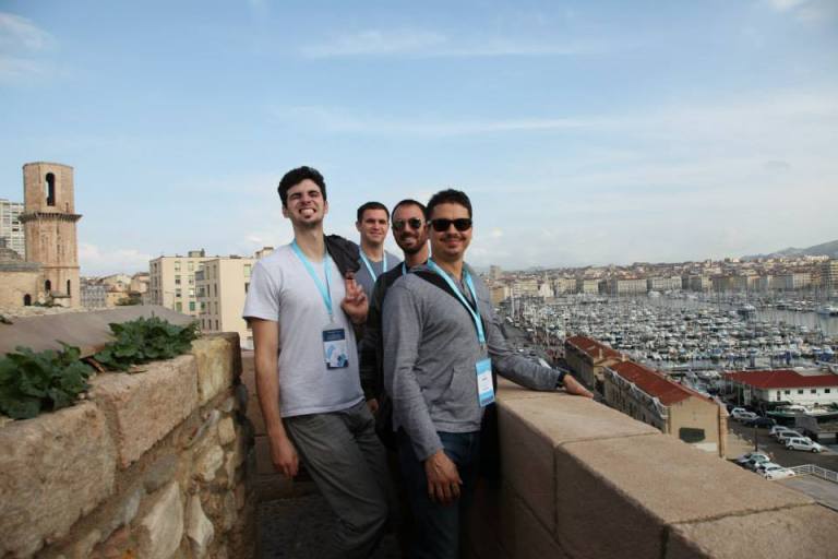 The boys from UCSD: David Srour, John Mangan, DV, and Vid Petrovic atop Marseilles' ancient fort. 