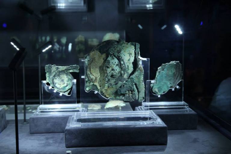 The Antikythera Mechanism on display at the National Archaeology Museum of Athens.