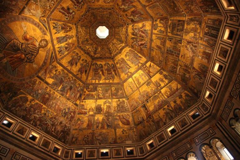 The ceiling mosaics of the Baptistery of St. Giovanni. The tiny tesserae were added over time as the artwork was expanded to cover the whole ceiling. The differences in timing, material, and the shifting of the structure all play a role in the erosion and subsequent erosion monitoring of the site. 
