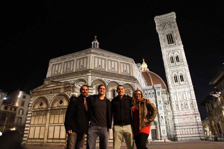 Dv, John Mangan, Mike Hess, and me (Ashley M. Richter) with the Baptistery and Duomo in the background. Throughout all the scanning, Mike conducted exterior thermography whenever it was cold enough, and John handled paradata collection for reproducibility of our results. 