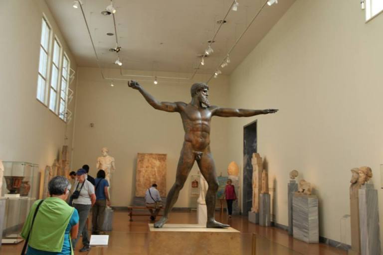 The Artemision Bronze of Zeus or Poseidon- also known as the Lightning Bearer is the central focus of one of the galleries at the National Archaeology Museum of Athens.