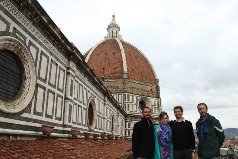 DV, Ashley M. Richter, Vid Petrovic, and our fabulous OPA supervisor after imaging the Baptistery roof from the Duomo. 