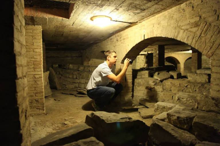 Mike Hess photographing the subterranean level of the Baptistery of San Giovanni, Florence