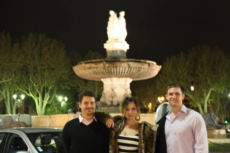 Vid Petrovic, Ashley M. Richter, and John Mangan in front of Aix-en-Provence's famous fountain. 