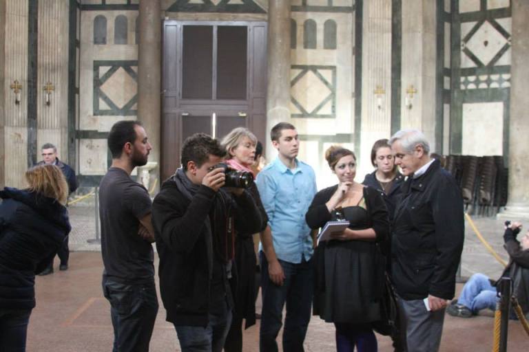 The team planning their digital survey of the Baptistery of St. Giovanni with Maurizio Seracini and Katharina Giraldi-Haller. Vid Petrovic on visual notes. Ashley M. Richter on written ones. 