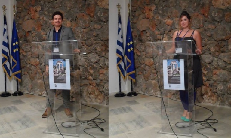 Vid Petrovic and Ashley M. Richter at the podium for the Virtual Archaeology Museums and Cultural Tourism Conference in Delphi, Greece.