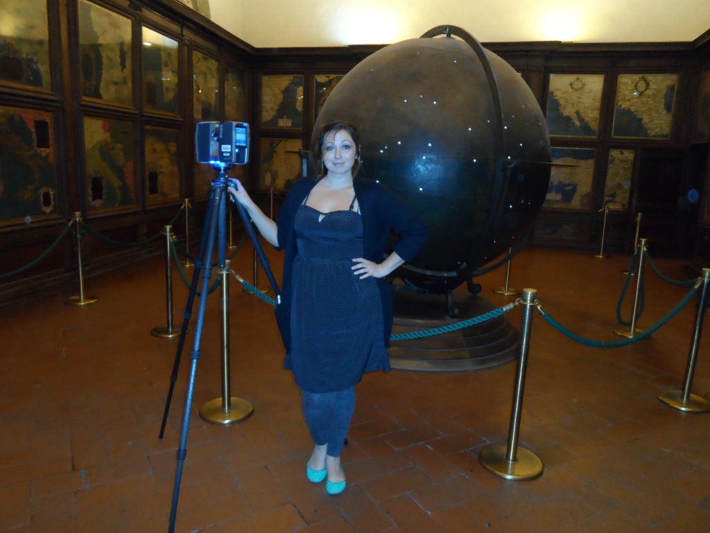 Ashley M. Richter with a Faro Focus 3D after scanning the Mappus Mundi and the Hall of Geographical Maps in Florence's Palazzo Vecchio. 
