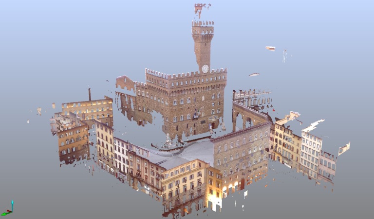 A screenshot of a single scan of Palazzo Vecchio and the Piazza della Signoria in Florence. 